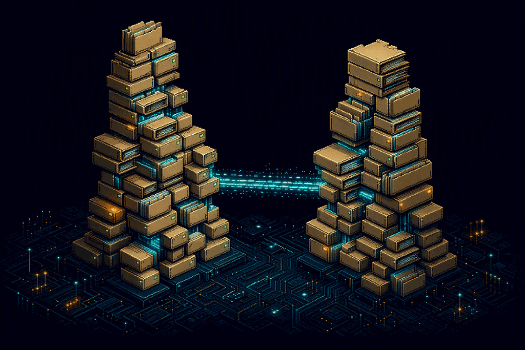 Pixel-art folder towers connected by a cyan comparison beam, with amber blocks marking differences
